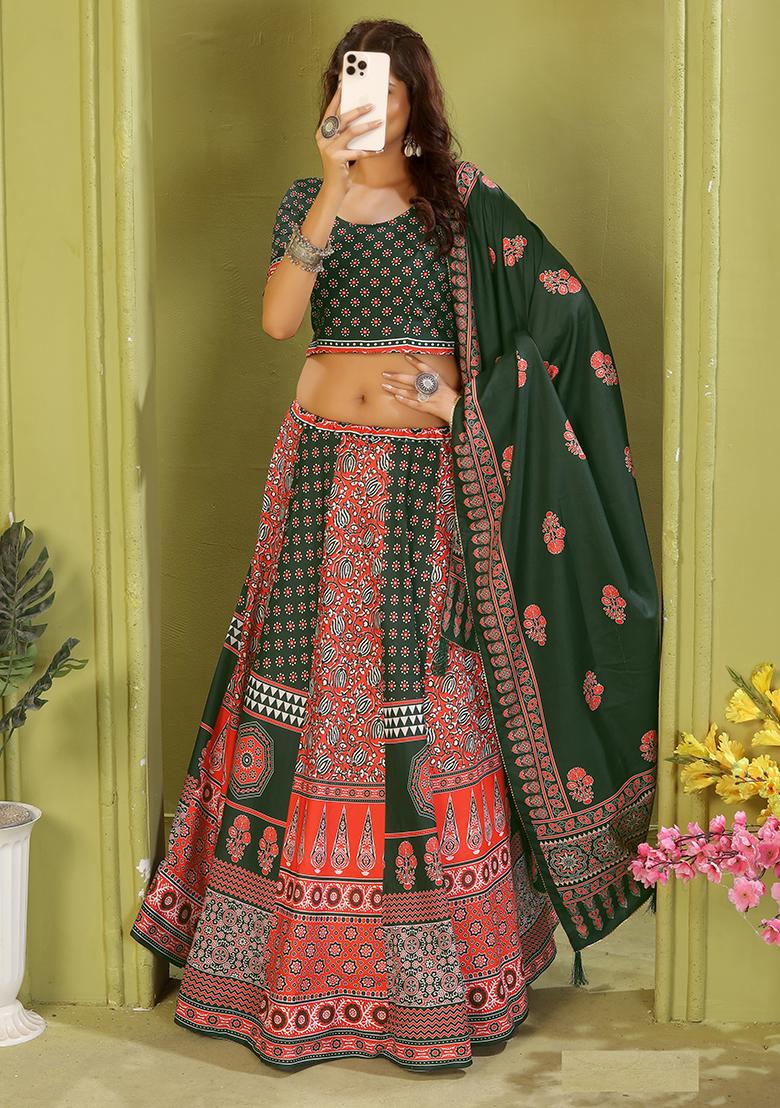 Dark Green Printed Cotton Blended Lehenga Choli Set - Indya