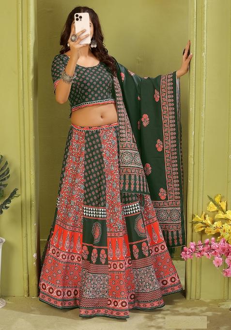 Dark Green Printed Cotton Blended Lehenga Choli Set