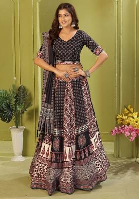 Black Printed Cotton Blended Lehenga Choli Set