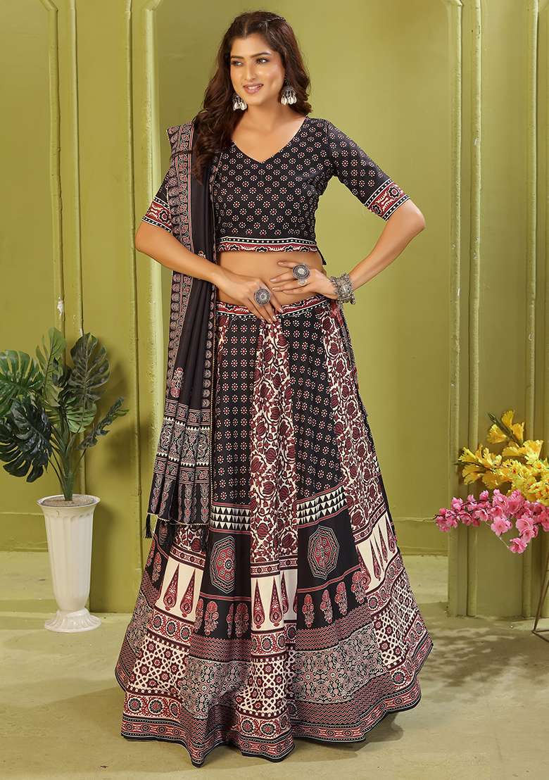 Black Printed Cotton Blended Lehenga Choli Set - Indya