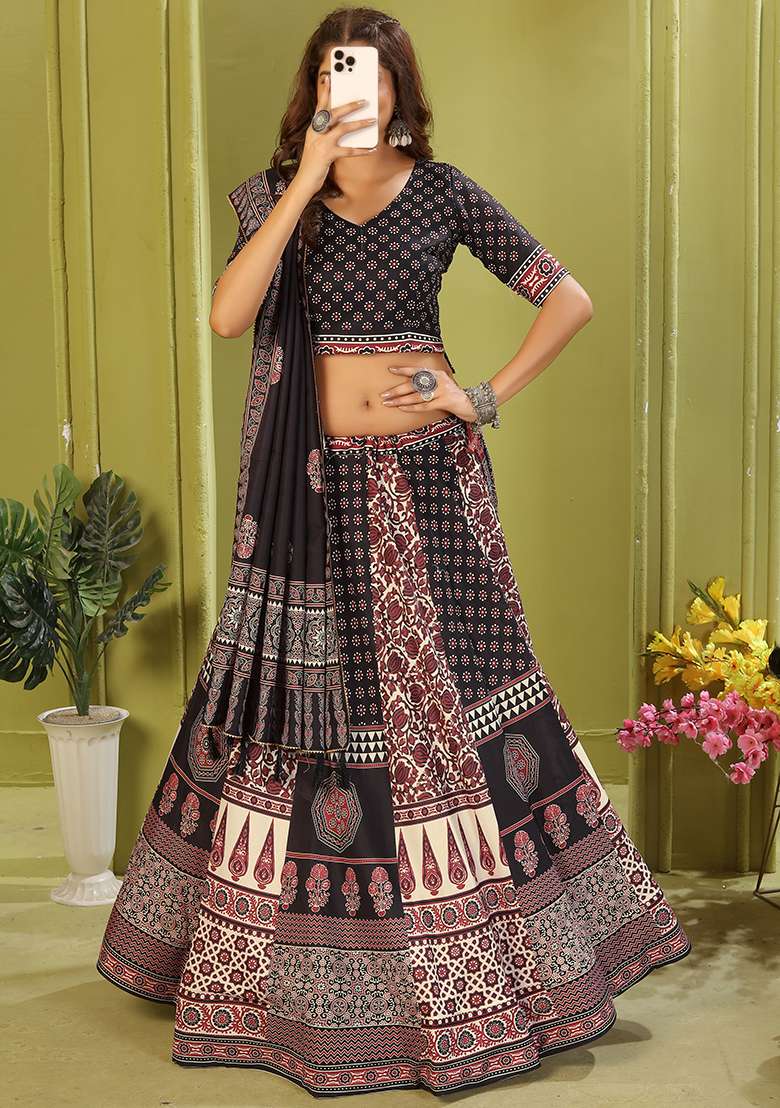 Black Printed Cotton Blended Lehenga Choli Set - Indya