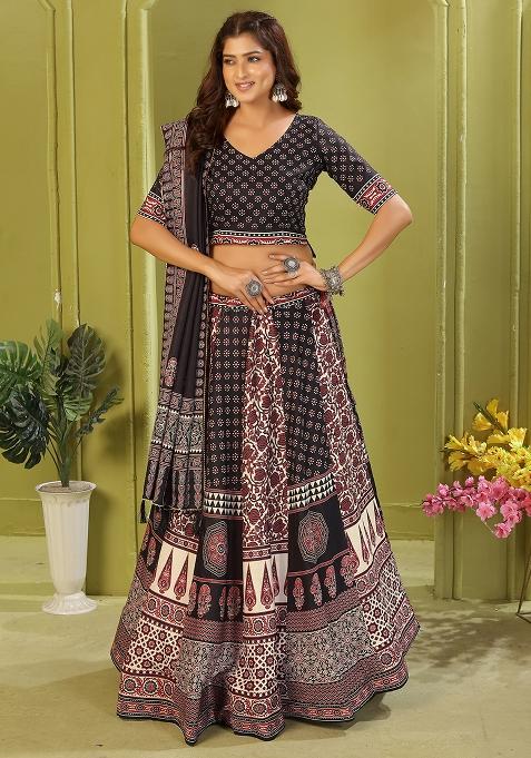 Black Printed Cotton Blended Lehenga Choli Set