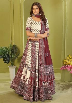 Beige Printed Cotton Blended Lehenga Choli Set