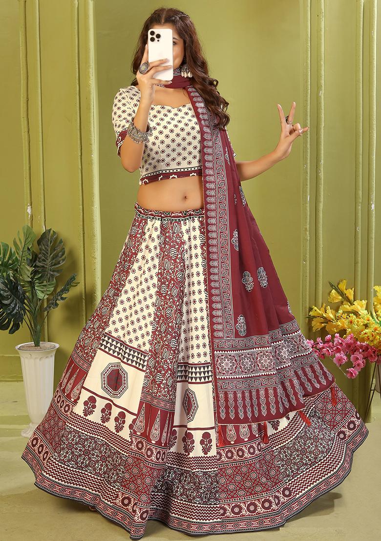 Beige Printed Cotton Blended Lehenga Choli Set - Indya