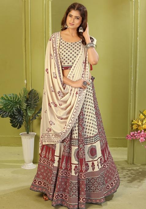 Beige Printed Cotton Blended Lehenga Choli Set