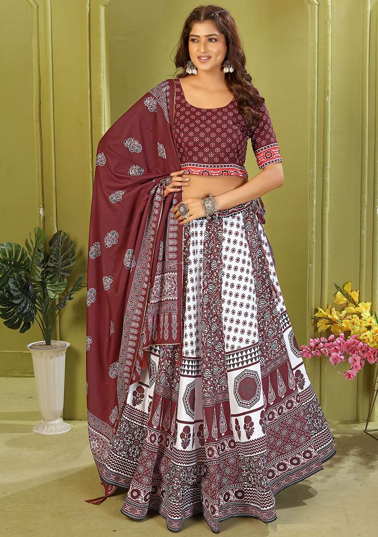 Maroon Printed Cotton Blended Lehenga Choli Set - Indya