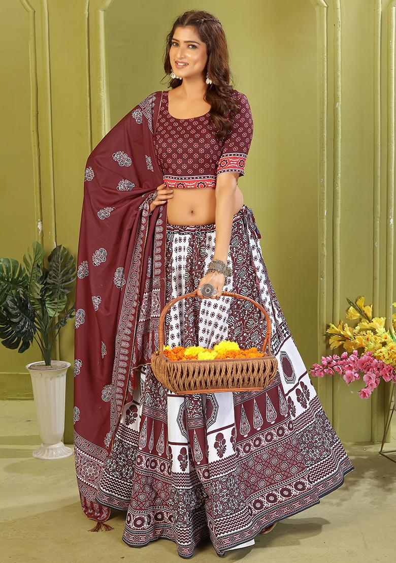 Maroon Printed Cotton Blended Lehenga Choli Set - Indya