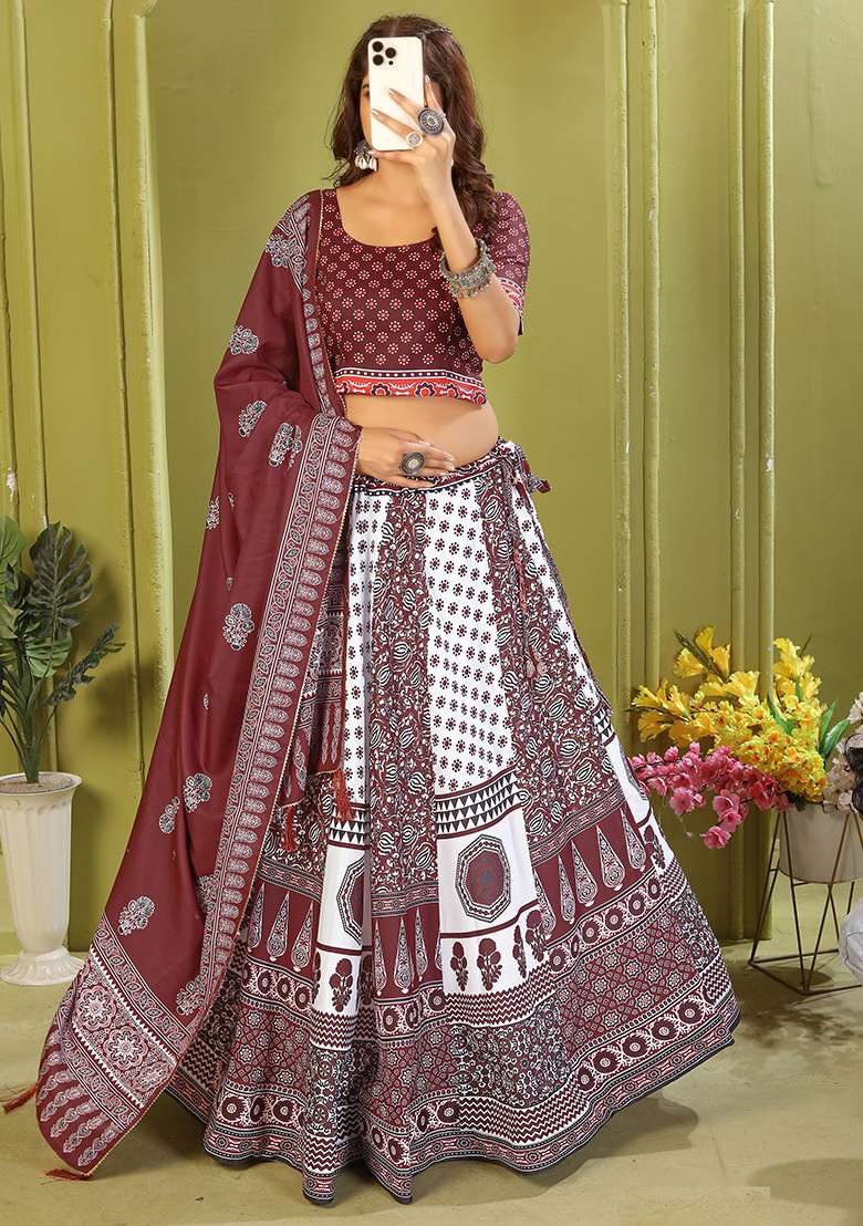 Maroon Printed Cotton Blended Lehenga Choli Set - Indya