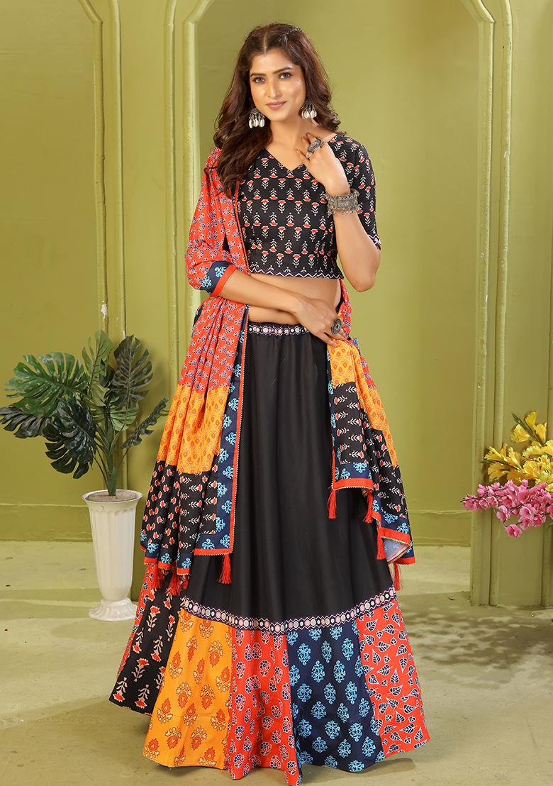 Black Printed Cotton Blended Lehenga Choli Set - Indya