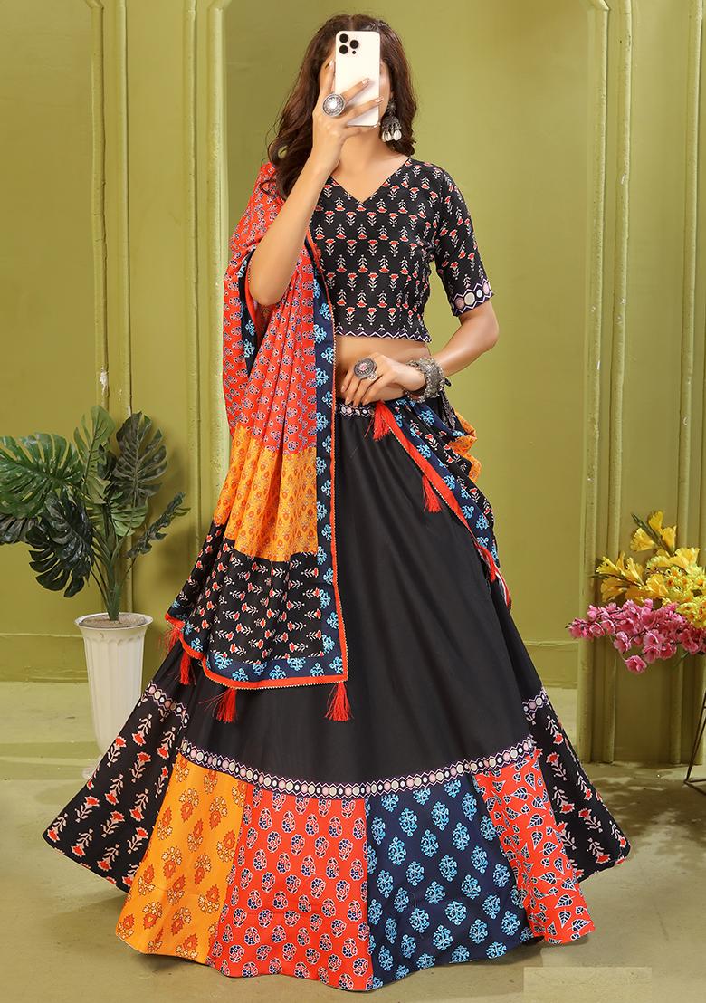 Black Printed Cotton Blended Lehenga Choli Set - Indya