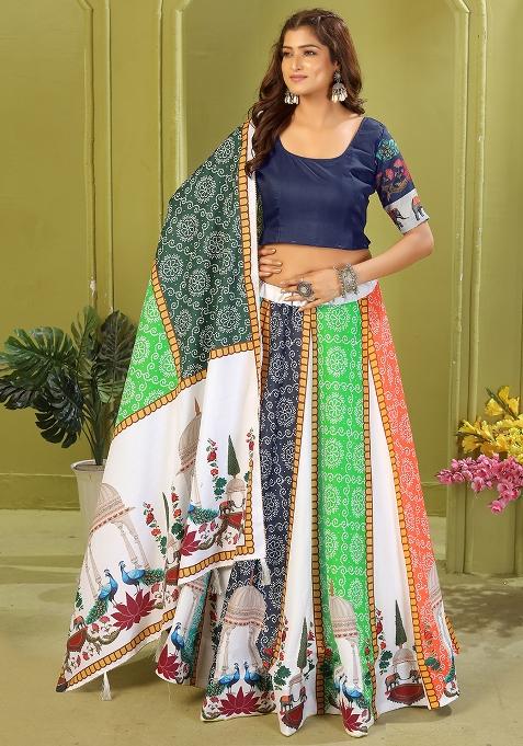 White Printed Cotton Blended Lehenga Choli Set