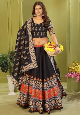 Black Printed Cotton Blended Lehenga Choli Set
