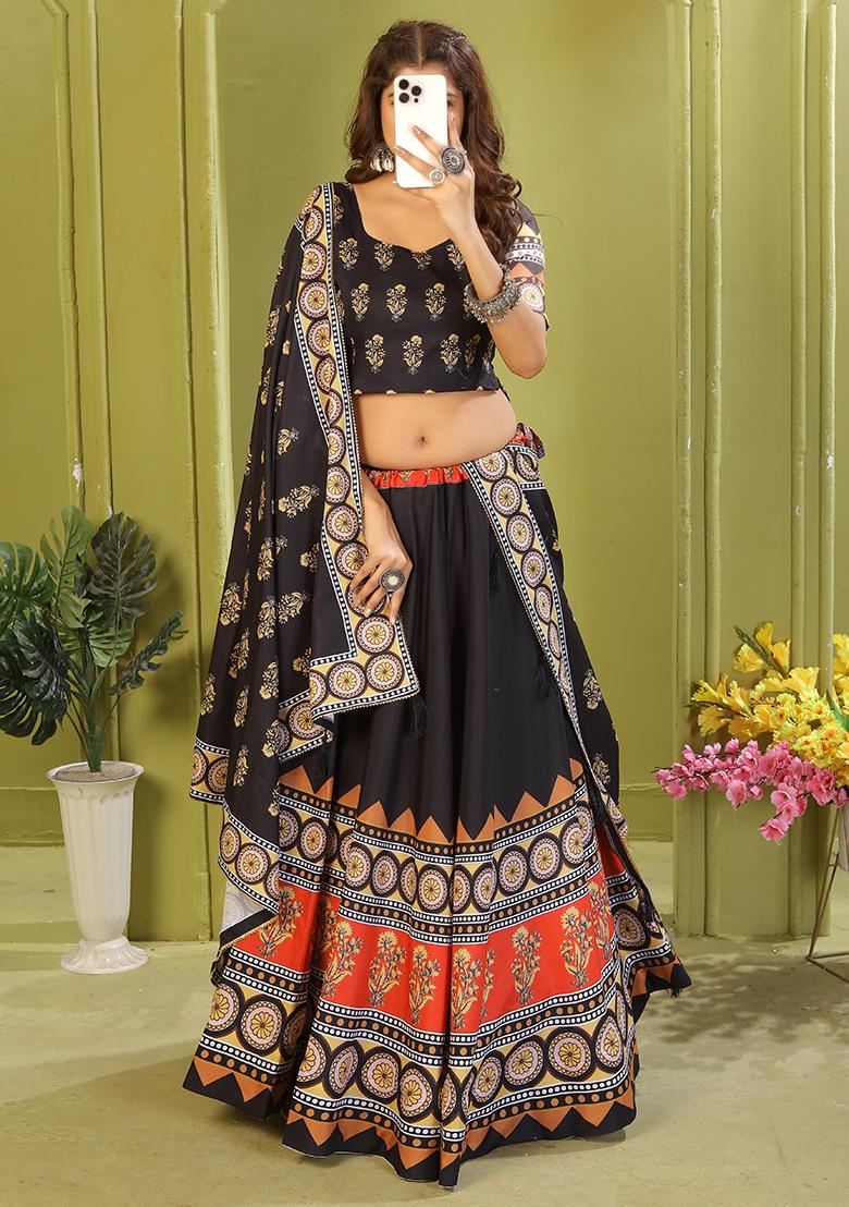 Black Printed Cotton Blended Lehenga Choli Set - Indya