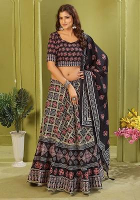 Black Printed Cotton Blended Lehenga Choli Set