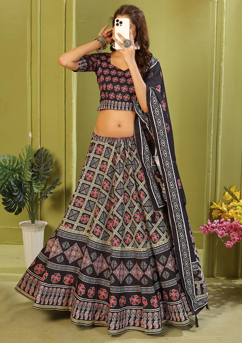 Black Printed Cotton Blended Lehenga Choli Set - Indya