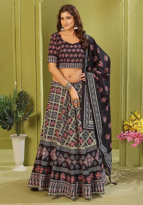 Black Printed Cotton Blended Lehenga Choli Set