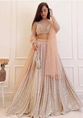 Peach Sequence Work Satin Silk Lehenga Set