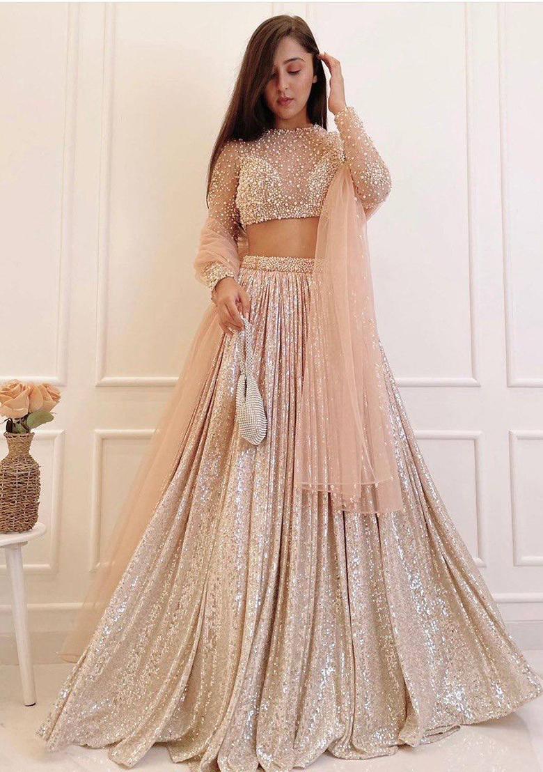 Peach Sequence Work Satin Silk Lehenga Set