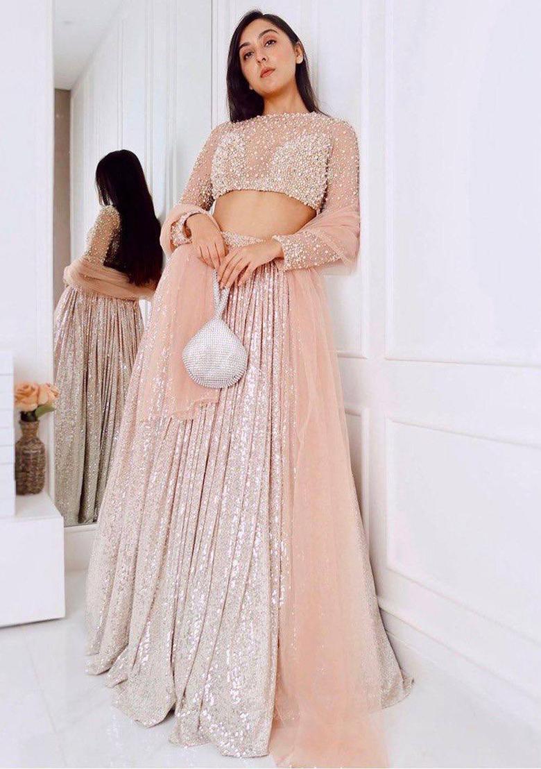 Peach Sequence Work Satin Silk Lehenga Set