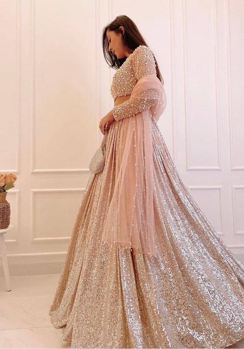 Peach Sequence Work Satin Silk Lehenga Set