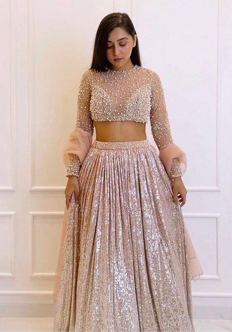 Peach Sequence Work Satin Silk Lehenga Set