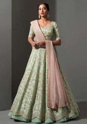 Pista Sequence Work Mulberry silk Lehenga Set