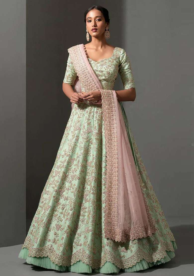 Pista Sequence Work Mulberry Silk Blend Lehenga Set for Diwali and Festive Wear - Indya