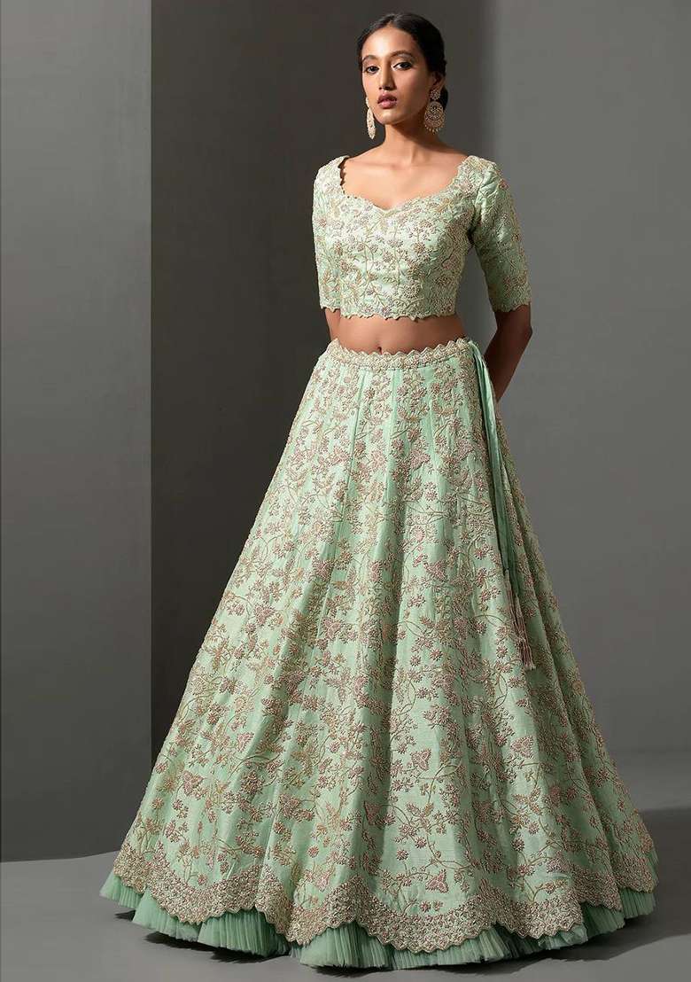 Pista Sequence Work Mulberry Silk Blend Lehenga Set for Diwali and Festive Wear - Indya