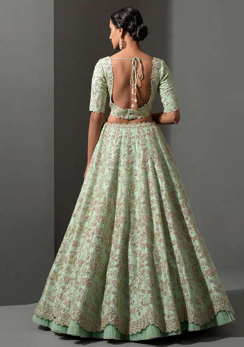 Pista Sequence Work Mulberry Silk Blend Lehenga Set for Diwali and Festive Wear - Indya