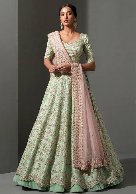 Pista Sequence Work Mulberry silk Lehenga Set