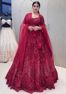 Red Thread Work Net Lehenga Set