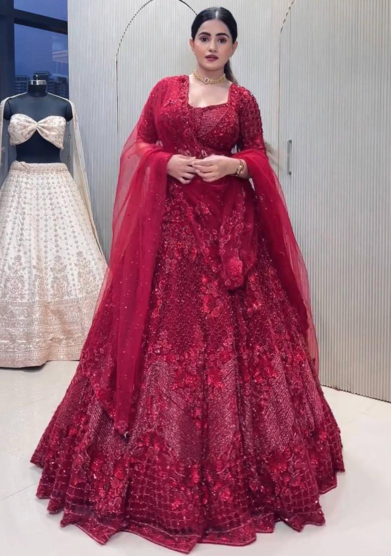 Red Thread Work Net Lehenga Set