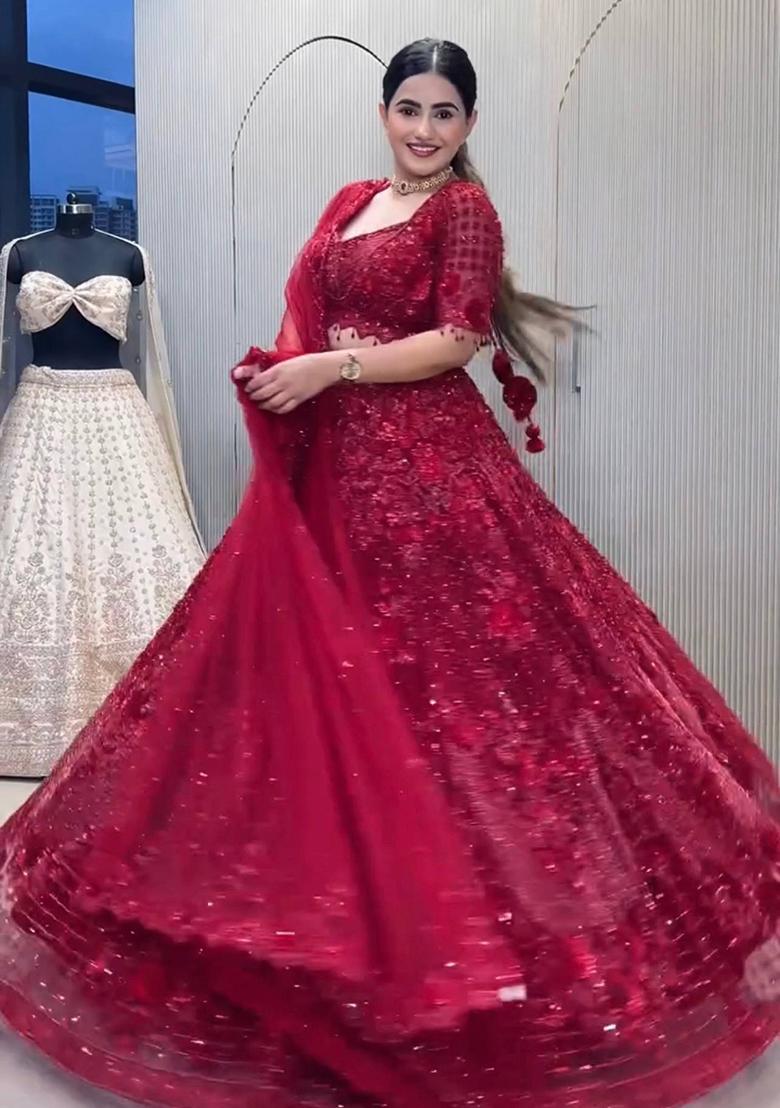 Red Thread Work Net Lehenga Set
