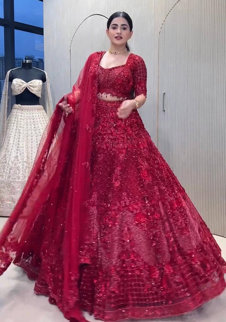 Red Thread Work Net Lehenga Set