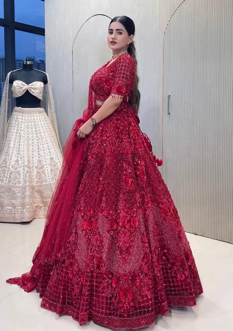 Red Thread Work Net Lehenga Set