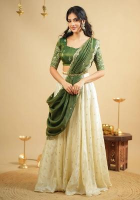 Cream Sequins Work Crep Lehenga Set