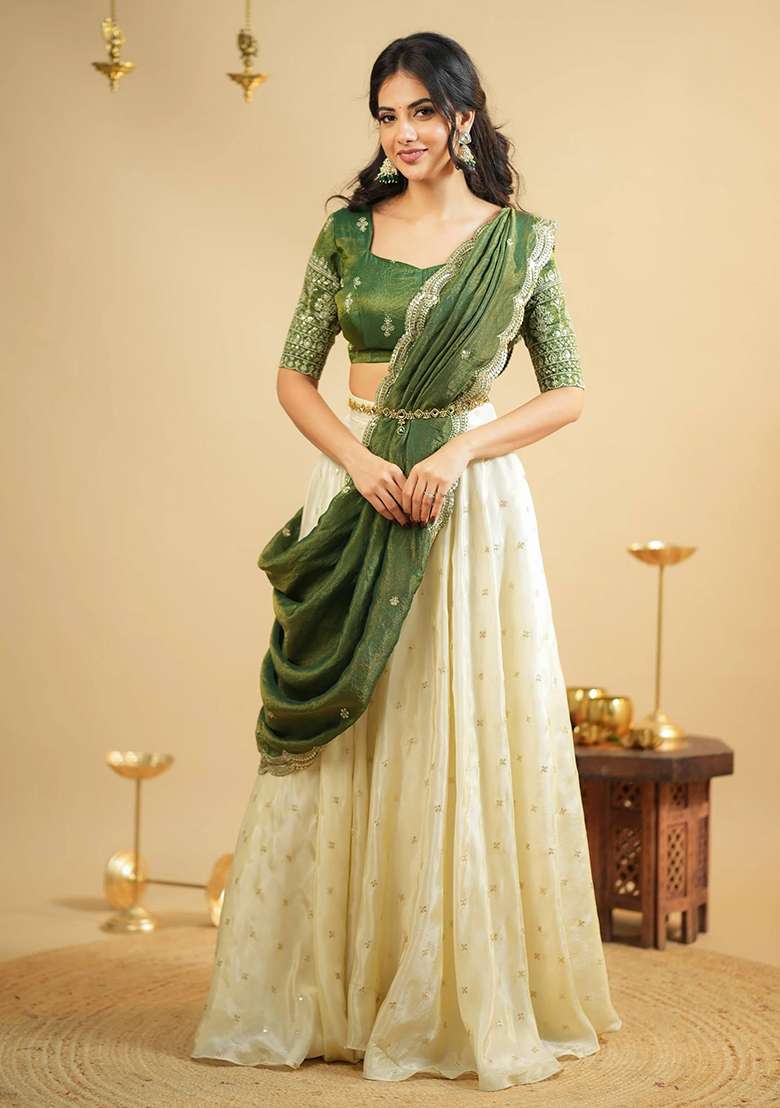 Cream Work Crep Lehenga Set with Sequins for Diwali | Wedding & Festive Wear - Indya