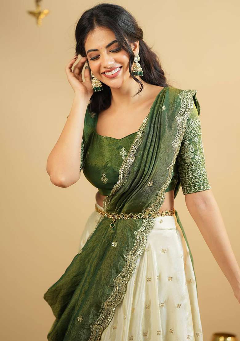 Cream Work Crep Lehenga Set with Sequins for Diwali | Wedding & Festive Wear - Indya