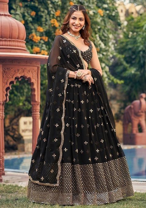 Black Zari Embroidered Georgette Lehenga Set