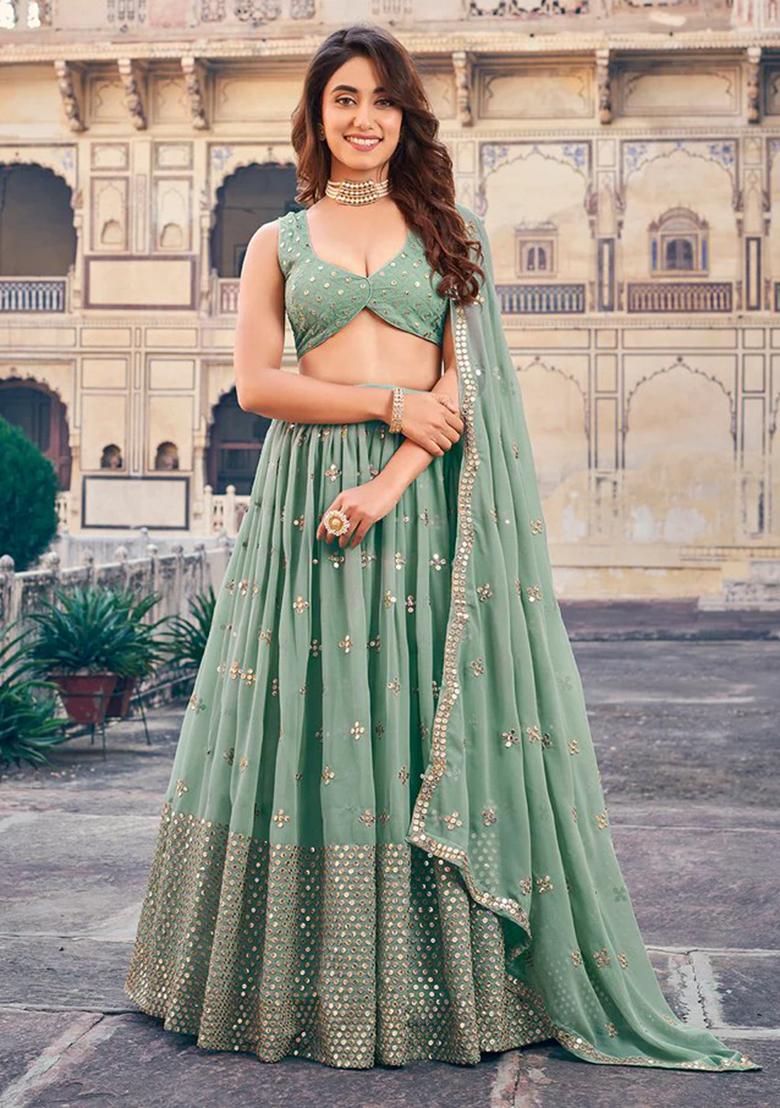 See Green Zari Embroidered Georgette Lehenga Set
