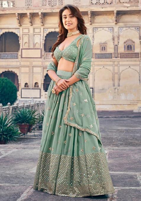 See Green Zari Embroidered Georgette Lehenga Set