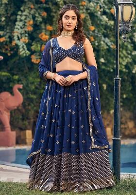 Blue Zari Embroidered Georgette Lehenga Set