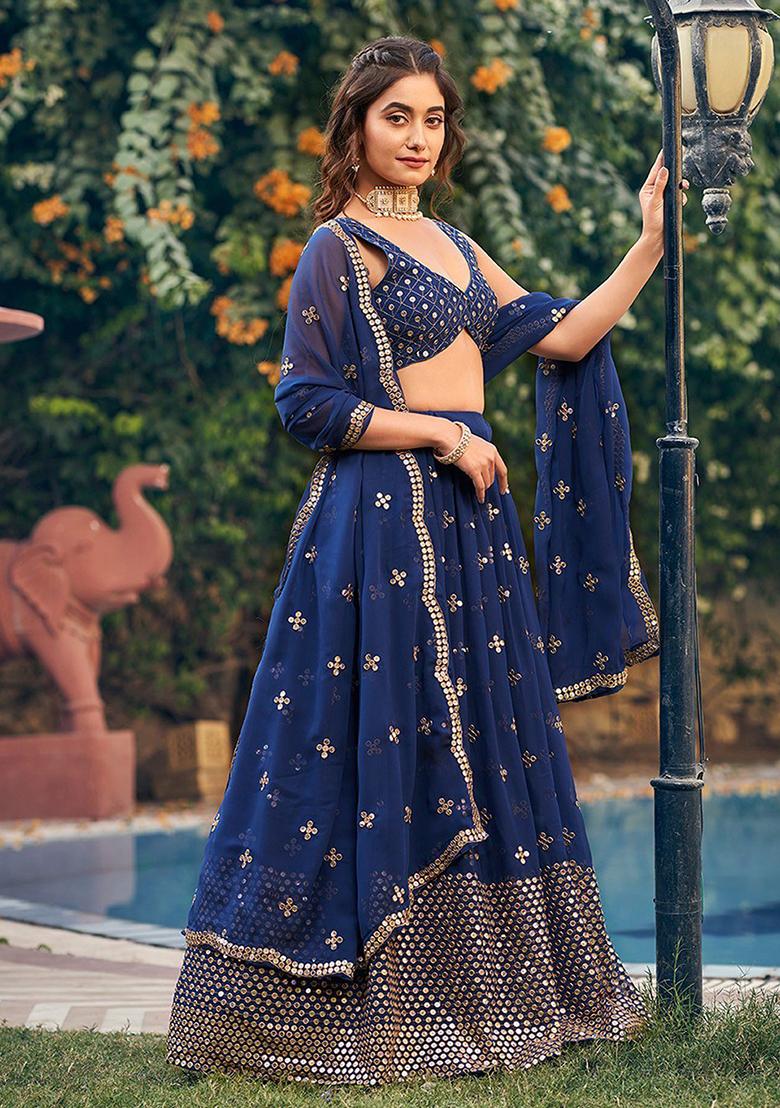 Blue Zari Embroidered Georgette Lehenga Set