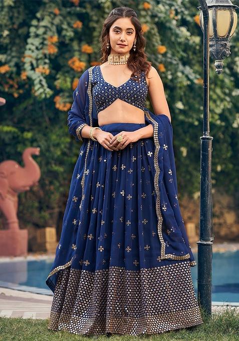 Blue Zari Embroidered Georgette Lehenga Set