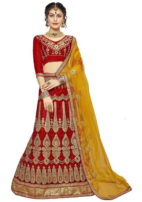 Red Embroidery Work Net Women Lehenga Choli