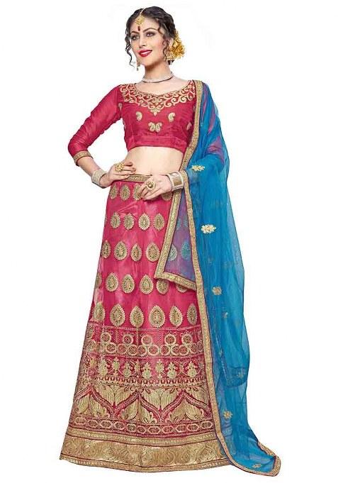 Pink Embroidery Work Net Women Lehenga Choli