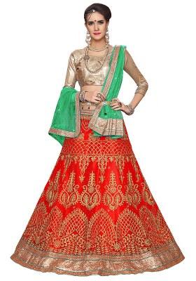 Red Embroidery Work Net Women Lehenga Choli