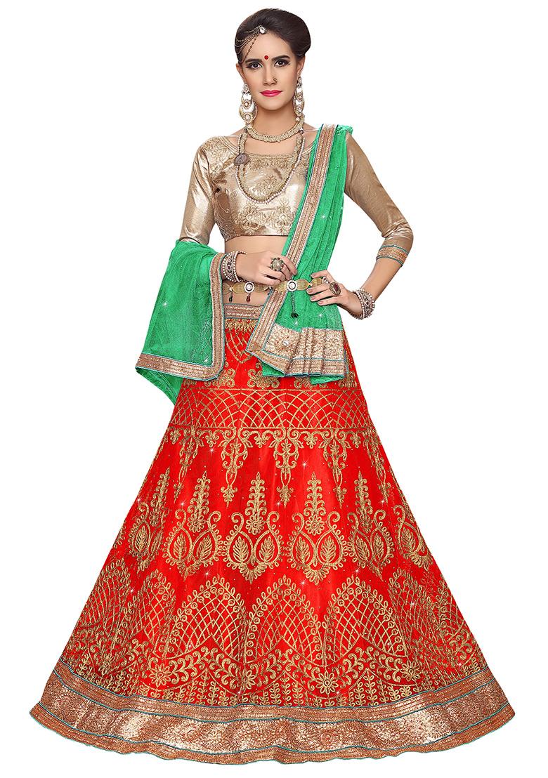 Red Embroidery Work Net Women Lehenga Choli