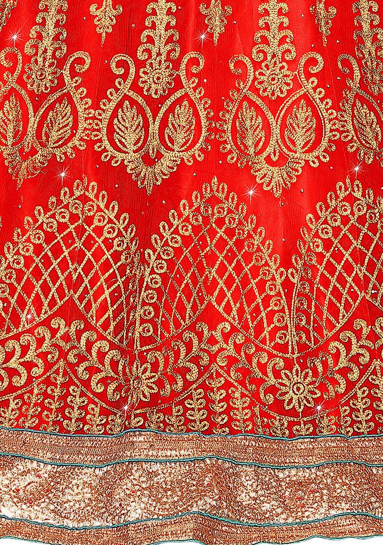 Red Embroidery Work Net Women Lehenga Choli