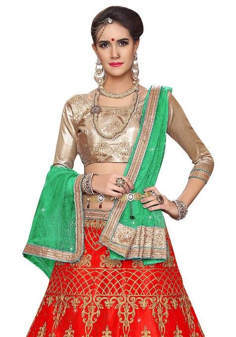 Red Embroidery Work Net Women Lehenga Choli